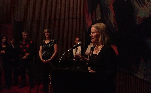 Jillian Keiley looks on as Playwright Beverley Cooper speaks at the opening night reception of Innocence Lost: A Play About Steven Truscottt
